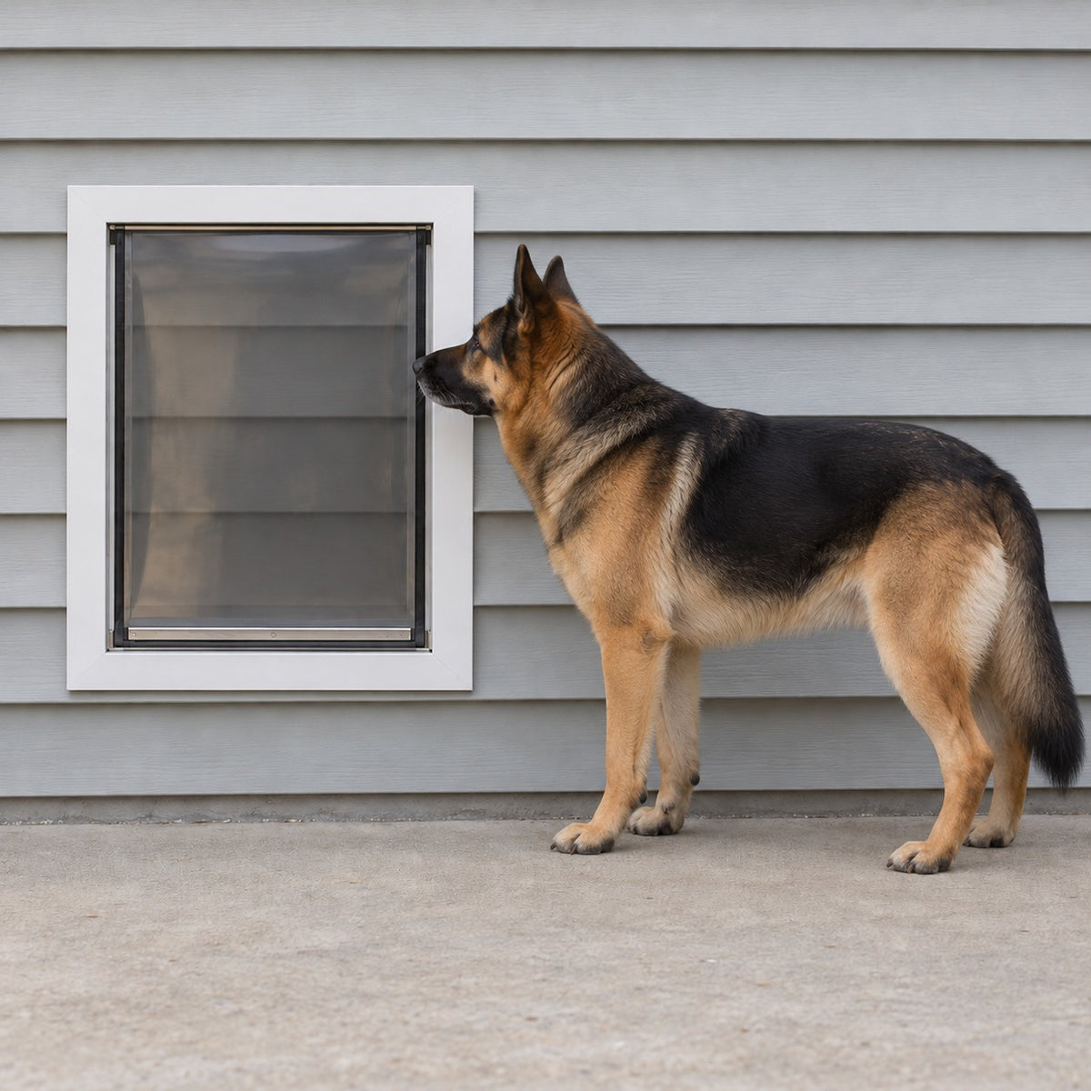 Illustration: German Shepherd, 24 in at the shoulder, next to an Extra Large wall dog door