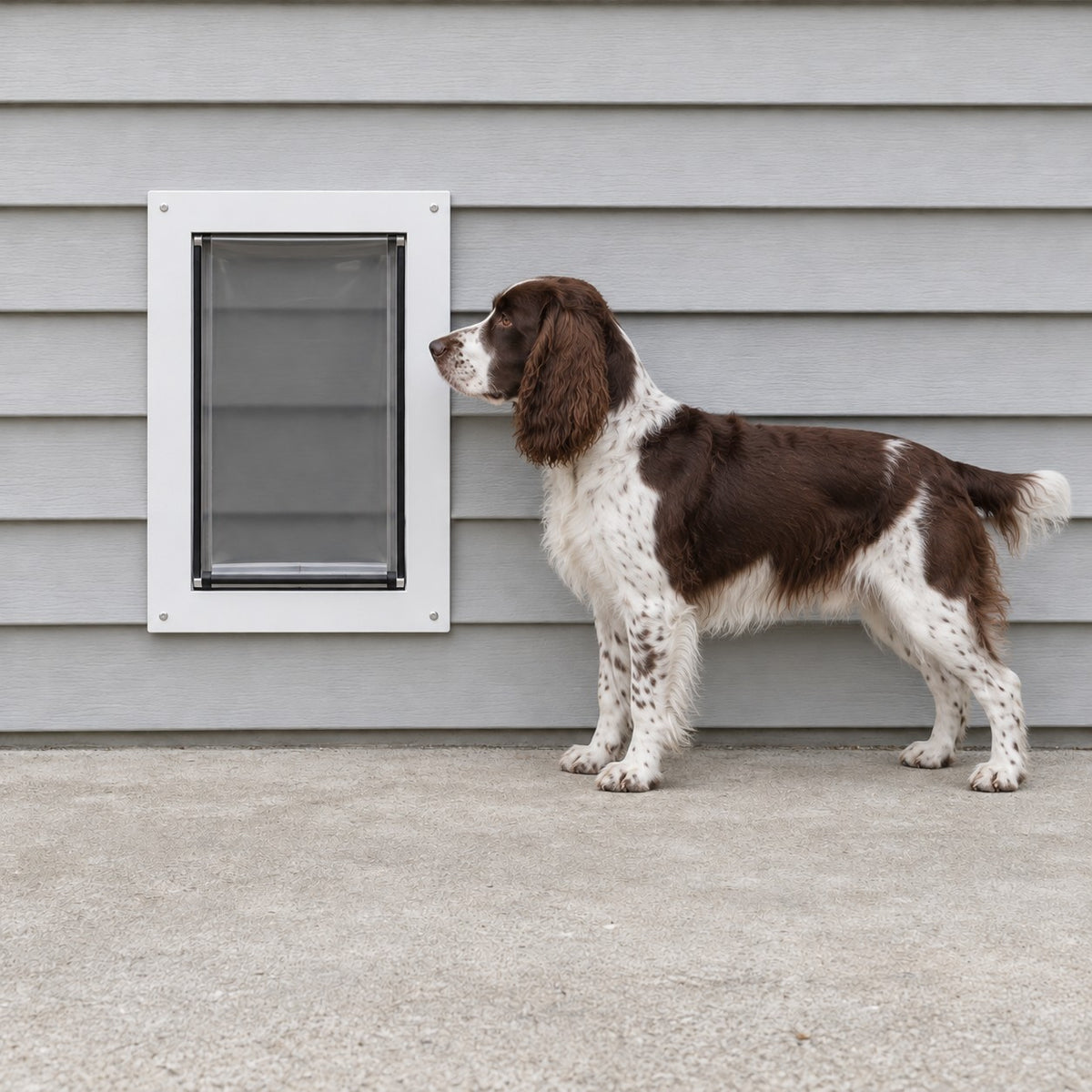 Illustration: Springer Spaniel, 20 in at the shoulder, next to a Large-size wall dog door