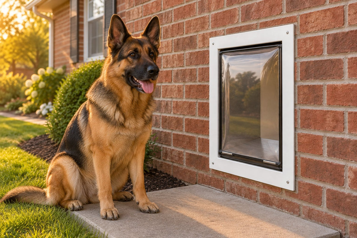 Illustration: German Shepherd next to the wall dog door in a brick wall