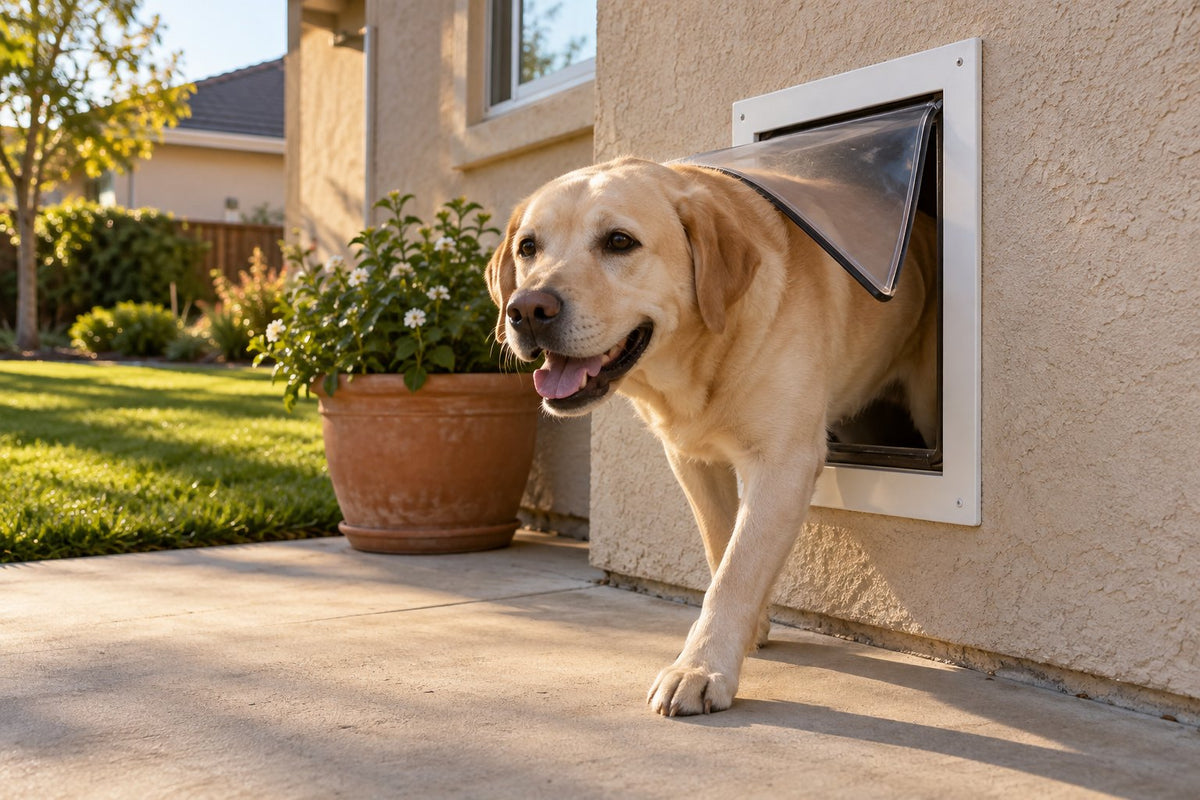 Illustration: Labrador walking through the wall dog door in a stucco wall