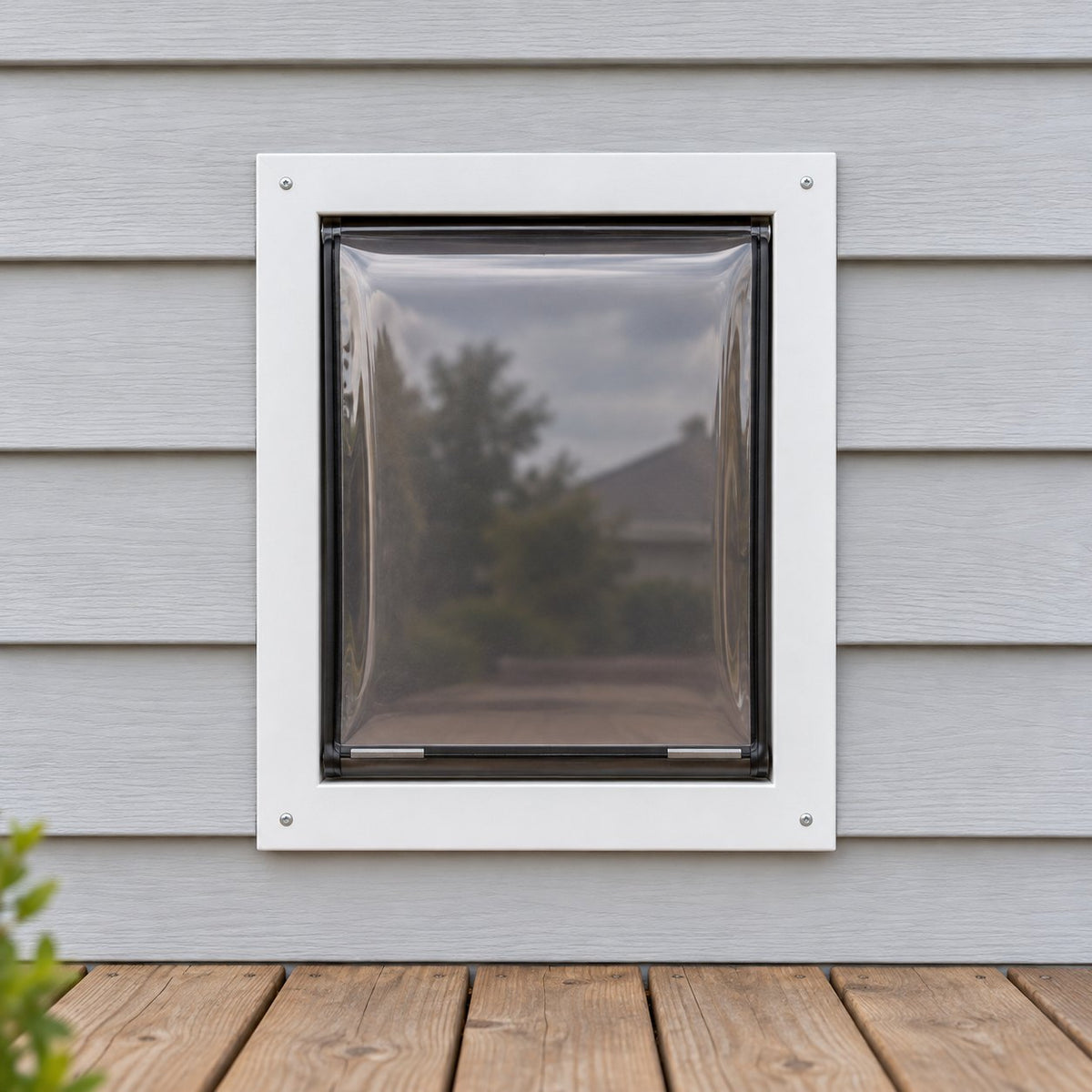 Illustration: the wall dog door seen from outside, white aluminum frame in vinyl siding